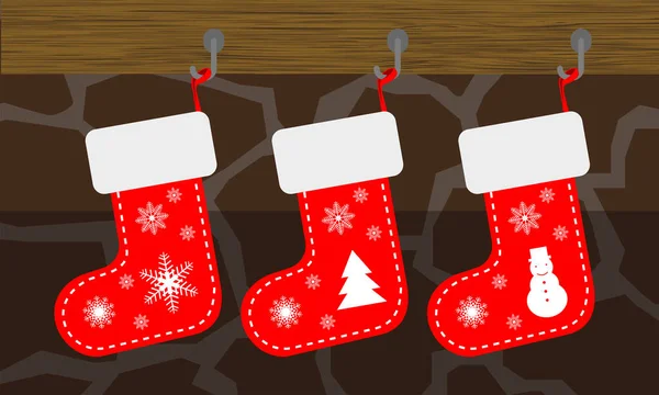 Calcetines Navidad Color Rojo Fondo Madera — Vector de stock