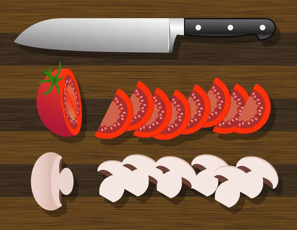 Kniv Och Tärnade Tomater Och Svamp Trä Bakgrund — Stock vektor