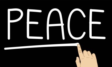 Tahtadaki barış sözcüğü, işaret parmağı olan el.