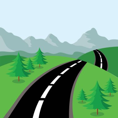 Dağ yolu, tepeler ve ağaçlar