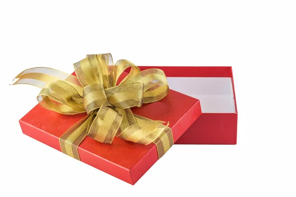 Red gift box with gold ribbon. — Stock Photo, Image