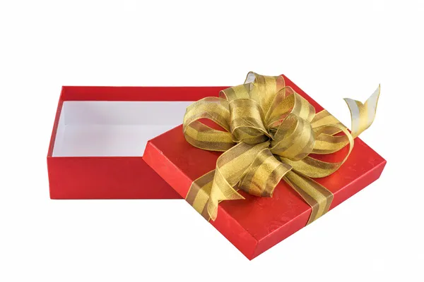 Red gift box with gold ribbon. — Stock Photo, Image