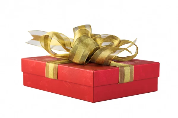 Red gift box with gold ribbon. — Stock Photo, Image