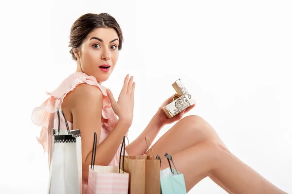 Excited Woman Opening Gift — Stock Photo, Image