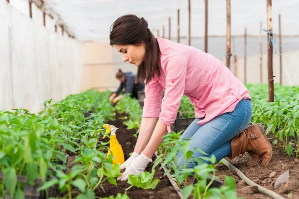 Jeune belle travailleuse de jardin — Photo