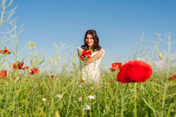 Portret van mooie jonge vrouw met papavers op het gebied — Stockfoto