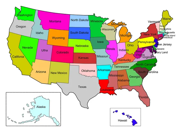 USA color map dengan nama negara — Stok Foto