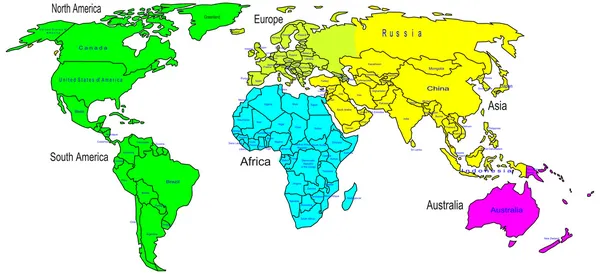 Wereld kleur kaart continenten en naam van het land — Stockvector