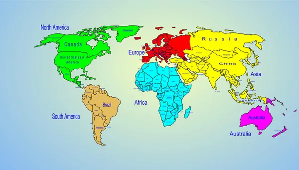 Wereld kleur kaart continenten en naam van het land — Stockvector