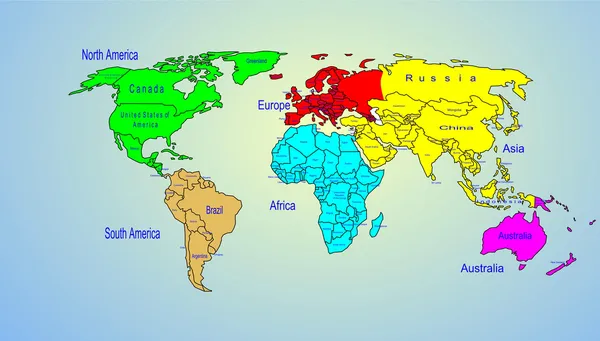 Carte des couleurs du monde continents et nom du pays — Image vectorielle