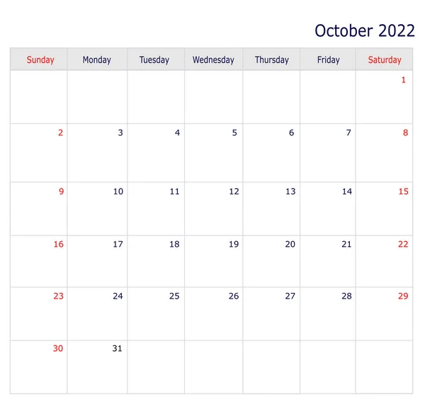 Οκτώβριος Ημερολόγιο 2022 Αντίγραφο Χώρου Και Πίνακα — Φωτογραφία Αρχείου