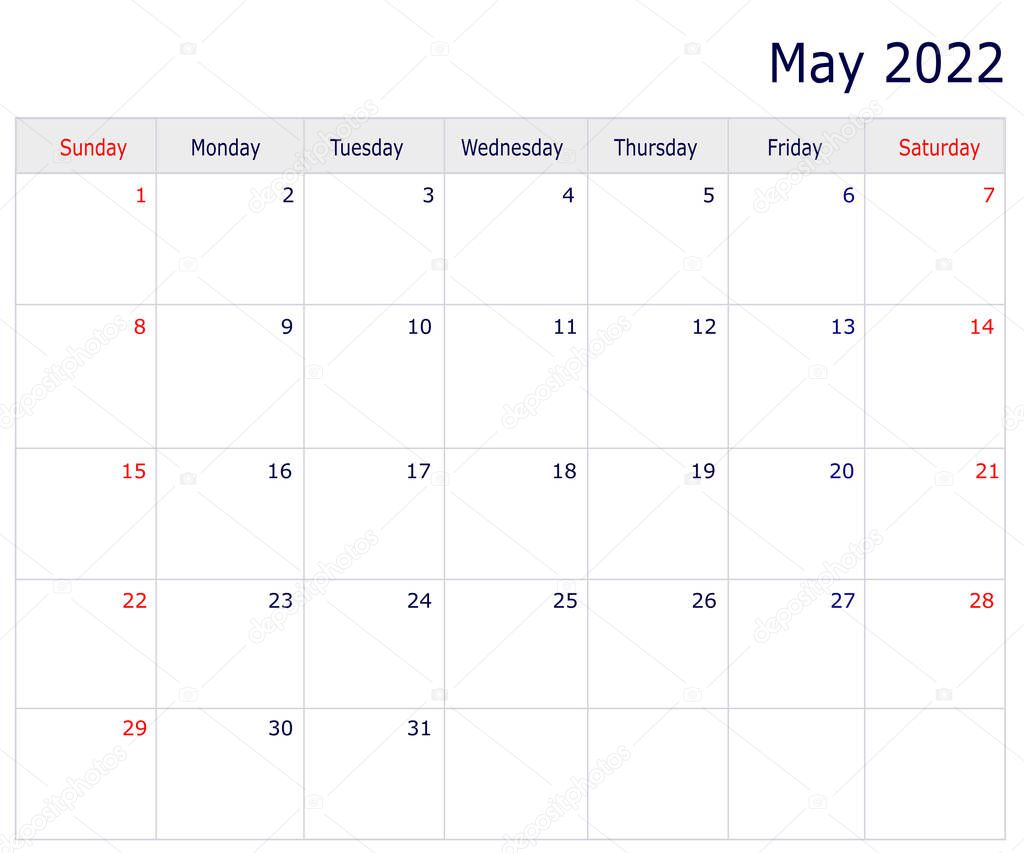 May Calendar 2022 with copy space and table