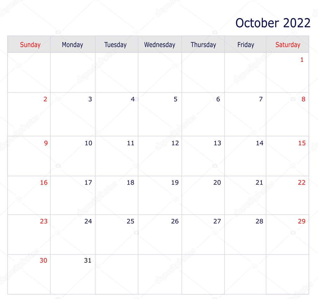 October Calendar 2022 with copy space and table