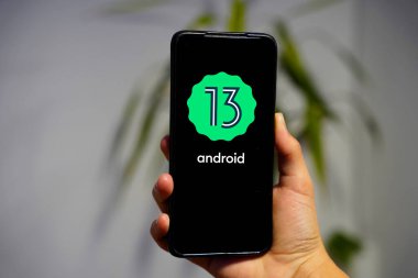 Smart phone with android 13 logo. google operating system. United States, California July 17, 2022     