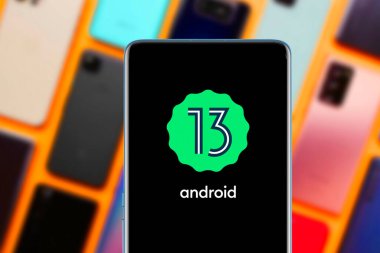 Smart phone with android 13 logo. google operating system. United States, California July 17, 2022     