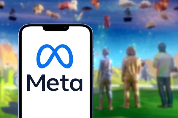 Smartphone Mit Meta Oder Metaverse Logo Liegt Auf Holztisch Mit — Stockfoto