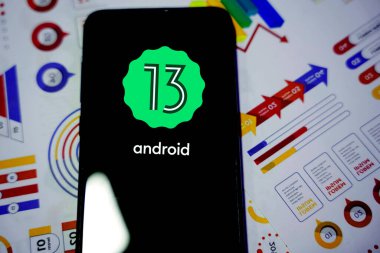 Smart phone with android 13 logo. google operating system. United States, California July 17, 2022     