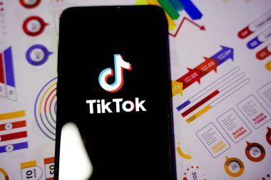 İnternette popüler bir sosyal ağ olan TIK TOK logosuna sahip akıllı telefon. ABD, Kanada, 27 Ocak 2022