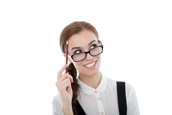 I have a great ideea! Beautiful woman with glasses isolated on w — Stock Photo, Image
