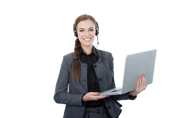 Portrait of a beautiful service customer worker holding a laptop — Stock Photo, Image