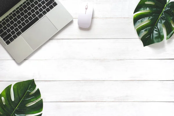 stock image Spring Leaf on White Wood Background with Laptop ,Office Desk - Flat Lay Style