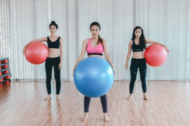 Bir grup Güzel Kadın Spor, Sağlık ve Yaşam Tarzı Konsepti ile Spor Topuyla Egzersiz Yapmaktan Hoşlanıyor