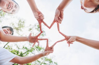 Gönüllü takım çalışmalarının kapanışı, yıldız formuna parmak basmak, el ele tutuşmak, Dünya Çevre Günü 'nde birlik ve takım çalışması..