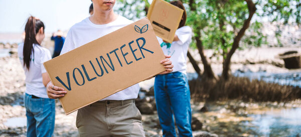 Group of volunteers hold a volunteer sign in world environment day event, volunteer conservation pick up plastic and foam garbage on mangrove forest area. Volunteering save world concept.