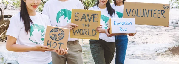 Group of Asian diverse people volunteer holding a speech sign for World Environment Day campaign, Earth Day about pollution, ecosystem, energy and garbage.