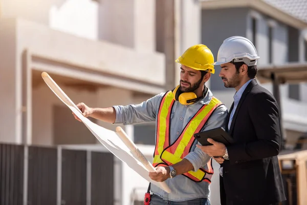 Civil Engineer Construction Architecture Worker Working Construction Site Tablet Blueprints — Foto Stock
