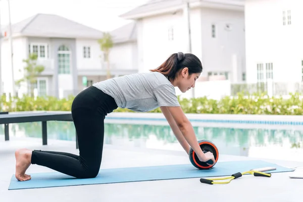 Happy Asian Woman Stretching Exercise Yoga Workout Morning Home Outdoor — Fotografia de Stock