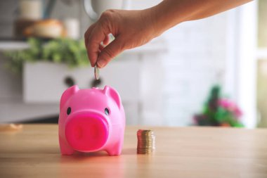 Piggy Bank 'a para biriktirme, para planlama, finansal konsept yatırma