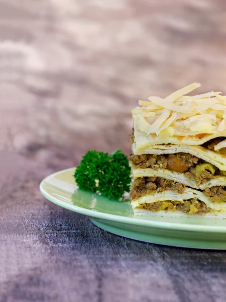 South African bobotie dish layered with pancakes — Stock Photo, Image