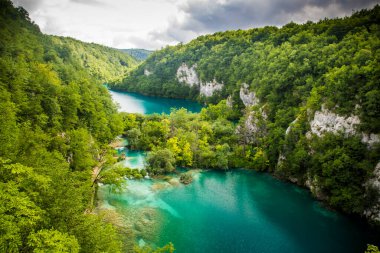 Plitvice Lakes Ulusal Parkı Hırvatistan ve Avrupa 'da turkuaz mavi ve yeşil sularla renklendirilmiş manzara.