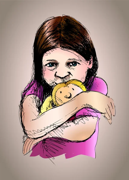 Niña con una muñeca — Vector de stock