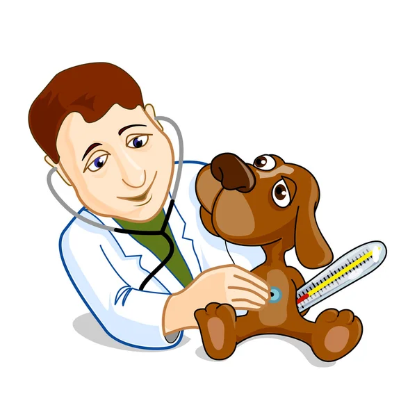Illustration of veterinarian examining dog. 