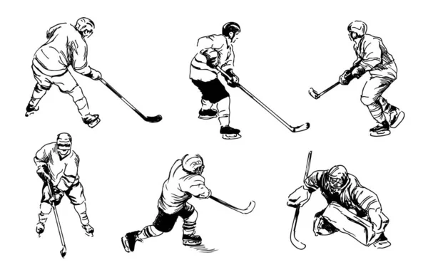 Set Hand Sketches Hockey Players — Stock Vector