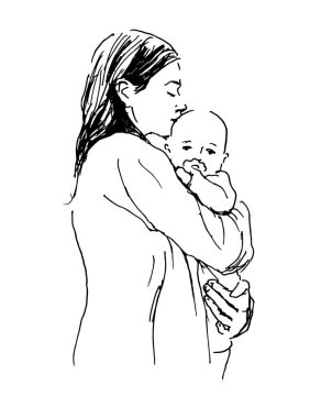 Anneyle bebeğin el çizimi. Vektör illüstrasyonu.