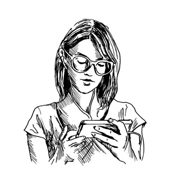 Handskizze Einer Jungen Frau Mit Smartphone Vektorillustration — Stockvektor