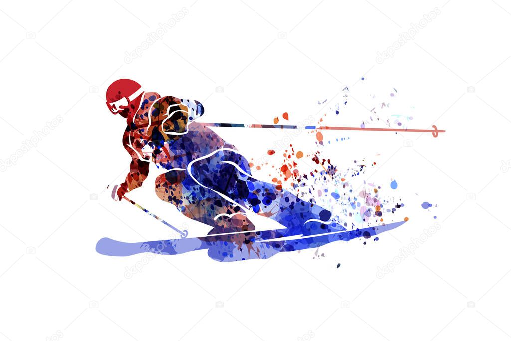 Vector watercolor silhouette of a skier