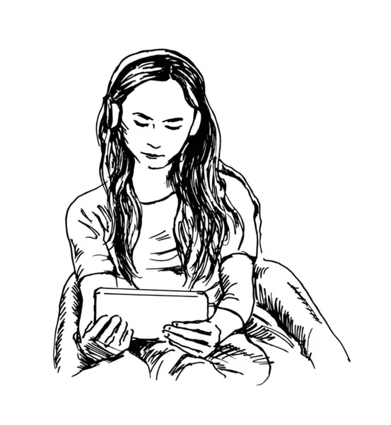 Hand Sketch Young Girl Watching Tablet Vector Illustration — Stock Vector