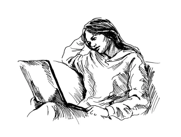 一个正在看电脑的小女孩的手绘草图 矢量说明 — 图库矢量图片