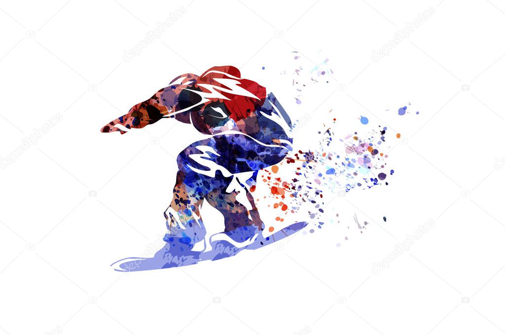 Vector watercolor silhouette of a snowboarder