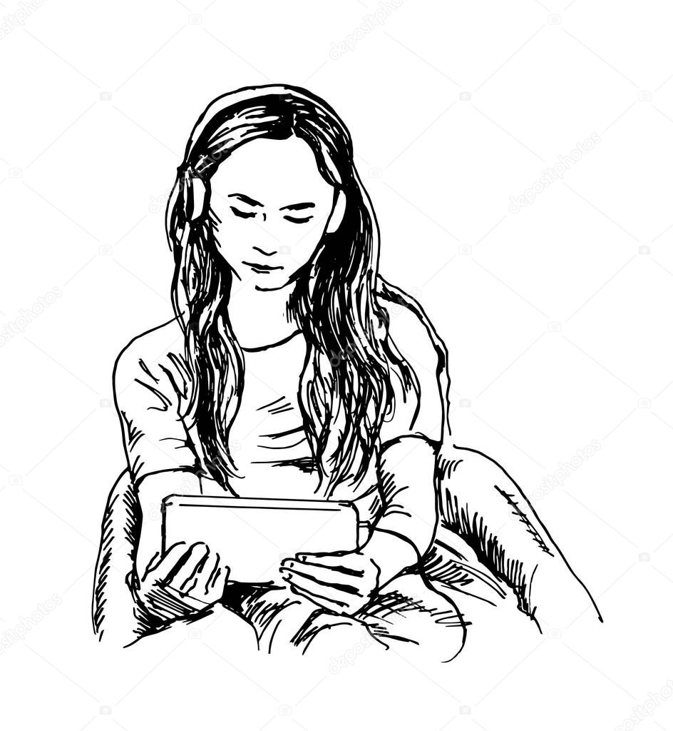 Hand sketch of a young girl watching a tablet. Vector illustration.