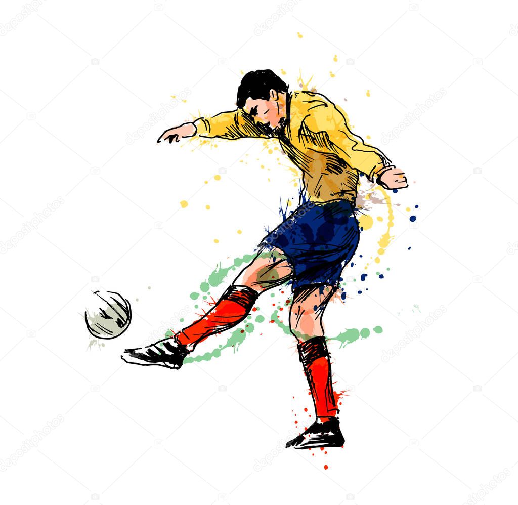 Colored hand sketch of soccer player. Vector illustration.