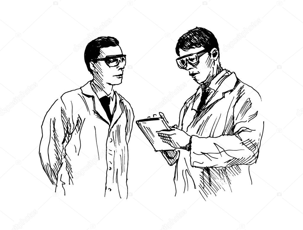 Hand sketch of scientists discussing. Vector illustration.