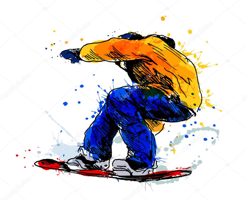 Colored hand sketch snowboarder. Vector illustration.
