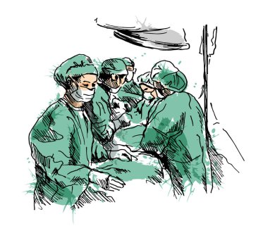 Ameliyathanedeki doktorların renkli el çizimi. Vektör illüstrasyonu.