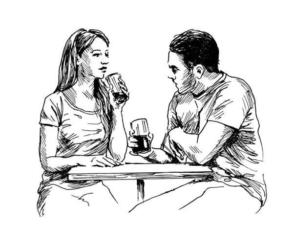 Croquis Main Couple Assis Avec Des Boissons Illustration Vectorielle — Image vectorielle
