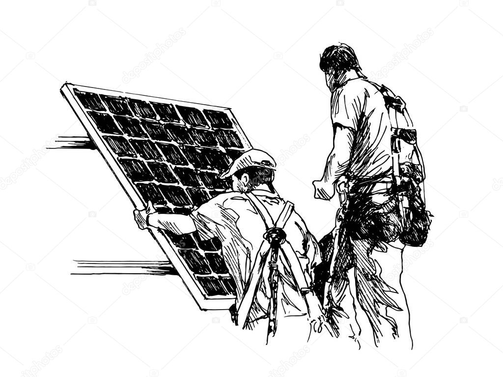 Hand sketch of workers assembling solar panel. Vector illustration.